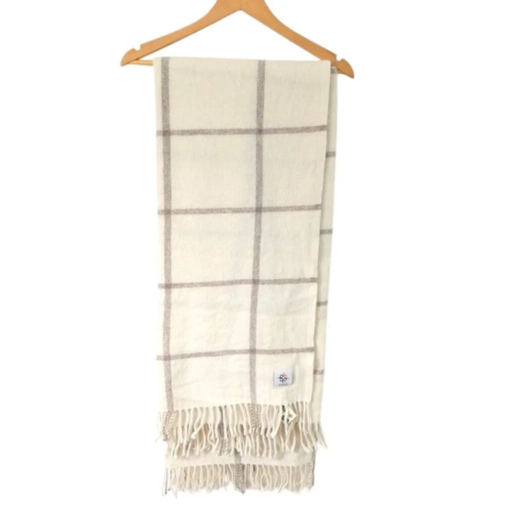 Vintage Barker Textiles 100% Wool Cream Plaid Throw Blanket 70